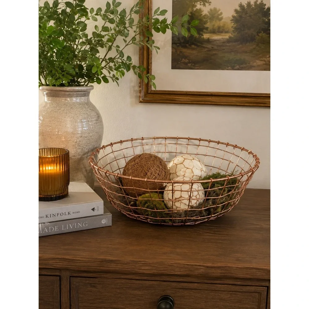 Handmade Round Copper Wire Basket Minimalist Metal Bowl Decorative Storage 11.75